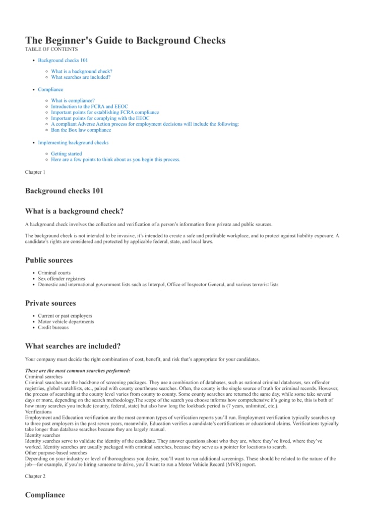 First page of “The Beginner's Guide to Background Checks” with its table of contents