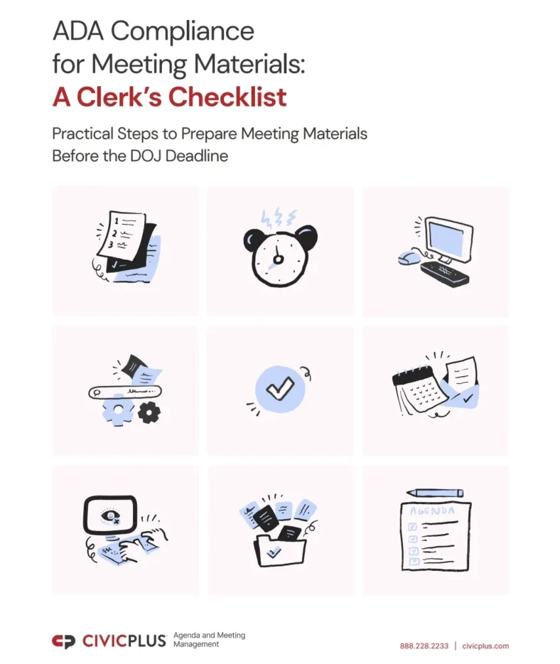 CivicPlus cover “ADA Compliance for Meeting Materials: A Clerk’s Checklist – Practical Steps to Prepare Meeting Materials Before the DOJ Deadline” with illustrated icons
