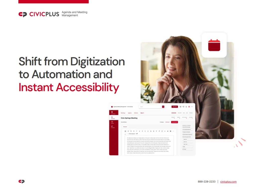 CivicPlus cover “Shift from Digitization to Automation and Instant Accessibility” with a smiling woman and meeting management software