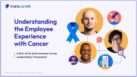 Transcarent survey cover “Understanding the Employee Experience with Cancer” with portraits and a cancer awareness ribbon