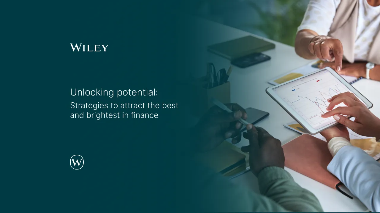 Wiley cover: “Unlocking potential: Strategies to attract the best and brightest in finance” beside colleagues reviewing charts on a tablet