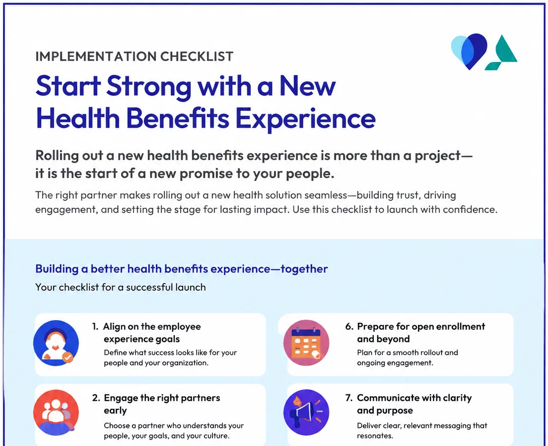 Implementation checklist “Start Strong with a New Health Benefits Experience” with the first checklist steps