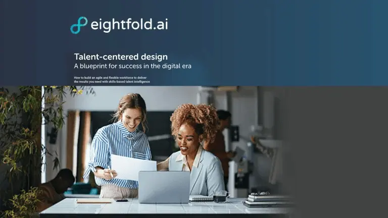 Eightfold AI e-book cover “Talent-centered design: A blueprint for success in the digital era” with two colleagues smiling at a laptop