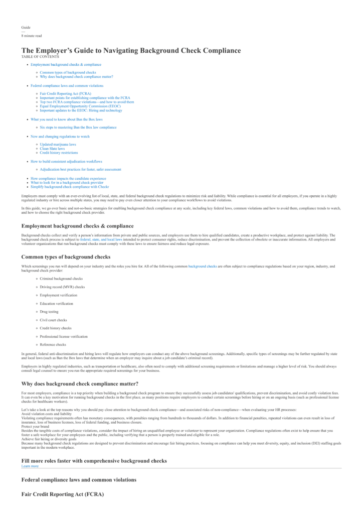 First page of “The Employer’s Guide to Navigating Background Check Compliance” with its table of contents