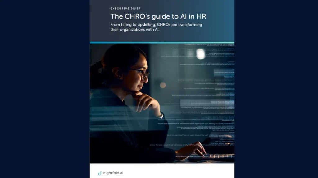 Eightfold AI executive brief cover “The CHRO’s guide to AI in HR” showing a woman working at a screen