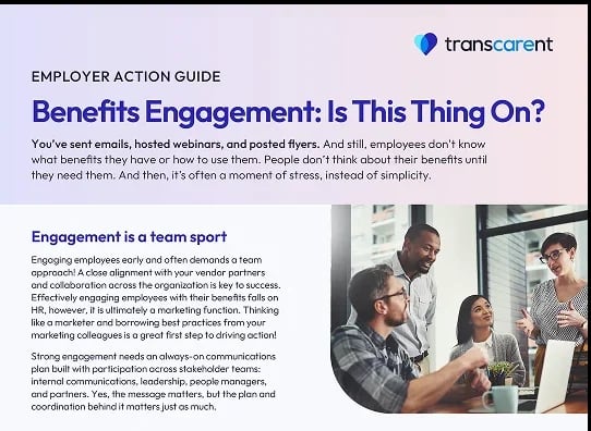 Transcarent Employer Action Guide page “Benefits Engagement: Is This Thing On?” with colleagues talking in a meeting