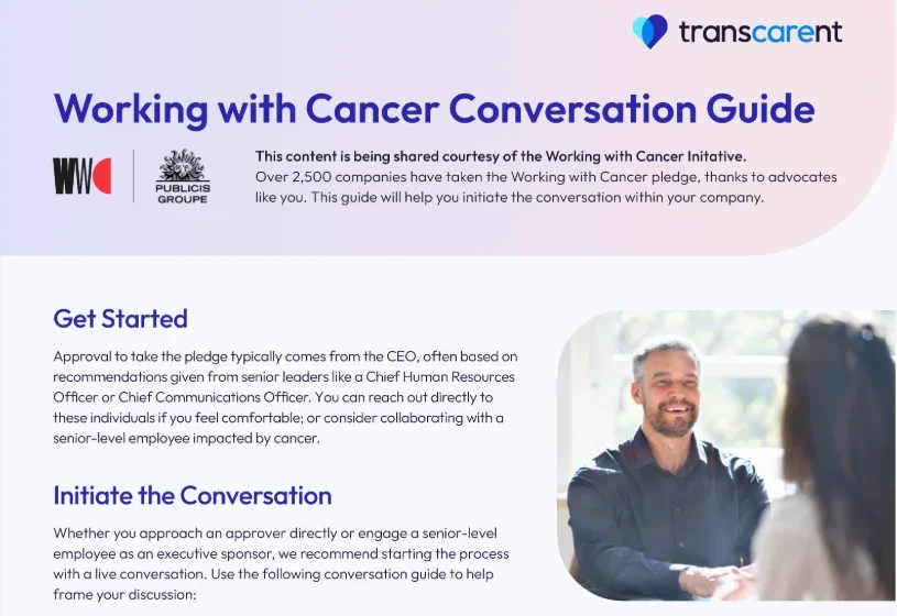 First page of the Transcarent “Working with Cancer Conversation Guide” with the Get Started and Initiate the Conversation sections